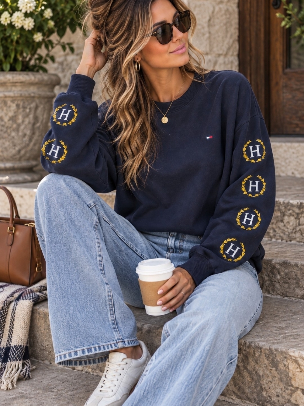 Tommy Hilfiger Navy Crest Sleeve Sweatshirt Preppy Collegiate XL